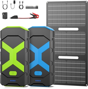 2000A Car Jump Starter 2 PCS with 30W Folding Solar Panel, 12V Lithium Battery Pack Booster 20000mAh Portable Battery with Jumper Cables for Up to 8L Gas or 6.5L Diesel