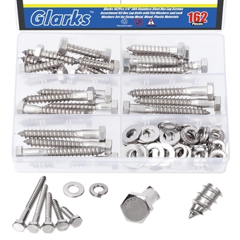 162Pcs 1/4" 304 Stainless Steel Hex Lag Screws Assortment Kit Hex Lag Bolts with Flat Washers and Lock Washers Set for Fixing Metal, Wood, Plastic Materials