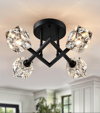 Modern Semi Flush Mount Ceiling Light, Black Dining Room Light Fixtures,4-Lights Geometric Crystal Chandelier for Bedroom Entryway Hallway Porch Laundry Room