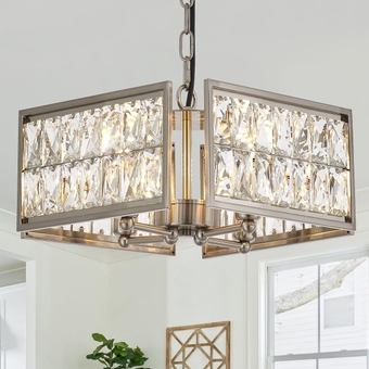 15” 4-Light Modern Crystal Chandeliers Nickel Dinning Room Light Fixture, Square Pendant Light Kitchen Island Chandelier, Flush Mount Ceiling Light for Living Room Entryway Bedroom Foyer