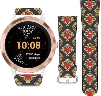Replacement Leather Strap Printing Wristbands Compatible with Garmin Vivoactive 3 / Vivoactive 3 Music/Vivomove - Damask Pattern with Beautiful Ornamental Red Hearts