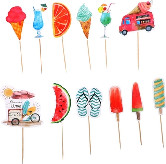 12pcs Watermelon Cake Inserts Aloha Dessert Topper Beach Drink Picks Fancy Toothpicks Hawaiian Cake Ornaments Ice Picks Cocktail Garnish Cake Picks Wood Martini Pool Party Drinks