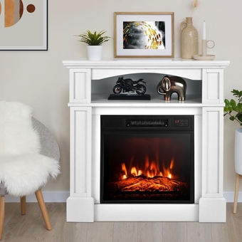 32" Electric Fireplace with Mantel, Freestanding Wooden Surround with 1400 W Fireplace Insert, 3D Realistic Flame, Remote Control, Overheating Safety System, Fireplace for Home RV, White