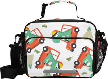 Kids Cute Lunch Bags Insulated Zipper Over 3 Years Old Tote Large Box for Children Womens Water-Resistant for Picnic School Office Work Dinosaur Cartoon Dino Car