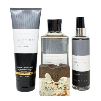 Bath & Body Works Men's Collection Dark Amber & Oud 3 Piece Bundle - Body Cream - Shower Gel - Cologne Mist - with a Cabin Spice Bar Soap - Full Size