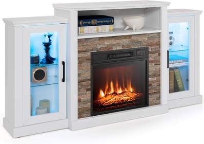 Electric Fireplace TV Stand, Electric Fireplace Mantel with 16-Color Led Lights, Adjustable Glass Shelves, Remote & Smart APP Control, TV Console for Living Room (White)