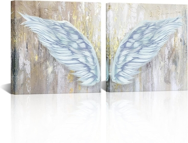 Angel Wings Wall Decor Gold and Grey Wall Art for Bedroom Framed Canvas Prints Ready to Hang