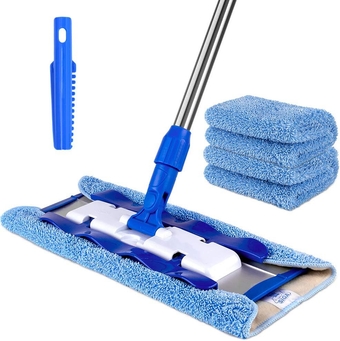 Professional Microfiber Mop for Hardwood, Laminate, Tile Floor Cleaning, Stainless Steel Handle - 3 Reusable Flat Mop Pads and 1 Dirt Removal Scrubber Included