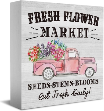 Fresh Flower Market Sign, Pink Spring Home Office Desk Decor, Rustic Spring Tiered Tray Decoration, Cute Spring Cubicle Shelf Bathroom Decor Gift Ideas for Her 5 x 5 inch