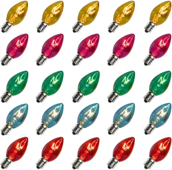 25 Pack C7 Multi-Color Christmas Replacement Bulbs C7 Clear Outdoor String Light Replacement Bulbs, C7/E12 Candelabra Base, 5 Watt