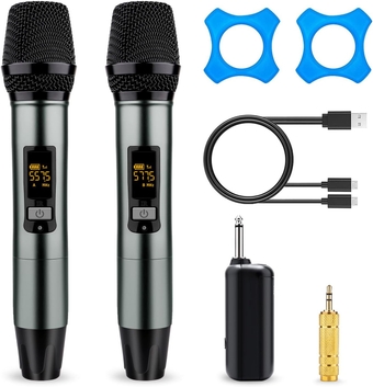 Rechargeable Wireless Microphone, UHF Mic with 2 Handheld Dynamic Cordless Microphones with Portable Receiver, 180ft, for Party, Speech, Karaoke Singing, Class, Wedding, DJ, Church