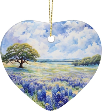 Ornament Bluebonnets Field Christmas Tree Ornaments Nature Botanical Pattern for Boys Girls Heart Shape Ceramic Christmas Decoration Gifts Keepsake for Family Personalize Porcelain Ornament