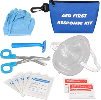 AED First Responder Kit with CPR Rescue Mask, Disposable Razor, EMT Trauma Shears, Gloves, Gauze Pads, Cleaning Wipes for AED Training, CPR AED First Aid Accessory Kit with Blue Nylon Bag
