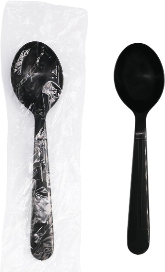 Individually Wrapped Black Plastic Utensil Sets/Heavy Duty Flatware Packs, Soup Spoon, 100 Sets