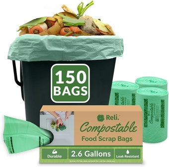 Compost Bags 2.6 Gallon (150 Count) | ASTM D6400 | Compostable Trash Bags for Food Scraps | Small Compost Bags for Kitchen Compost Bin/Countertop Bin | Green, Eco Bags for Food Waste, 2.6 Gal