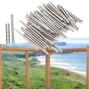100 Pack T316 Stainless Steel Swage Lag Screws for 1/8" Steel Cable Railing, Includes Right & Left Handed Thread, Cable Railing Hardware, DIY Wood Baluster and Wrench