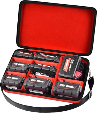 Extra Large Battery Hard Carrying Case, For Milwaukee M18 18V/ M12 12V Battery and Charger, Batteries Box Holder for 2.0/3.0/4.0/6.5/5.0/8.0/6.0/9.0-Ah Batteries, Adapter (Bag Only) - Red