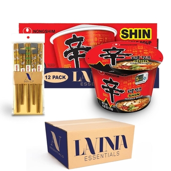 12-Pack of Shin Gourmet Spicy Ramyun Noodle Soup 4.02 oz Big Bowls + 1 set of Bamboo Family Chopsticks Box by Lavinia Essentials Brand