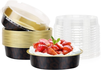 20 Pack 4” Mini Pans with Lids, 8oz Disposable Aluminum Baking Foil Tins Round Small Black Dark Red Spot Container for Individual Cupcake Dessert Muffin Ramekin Cheesecake Quiche Oven Dishes
