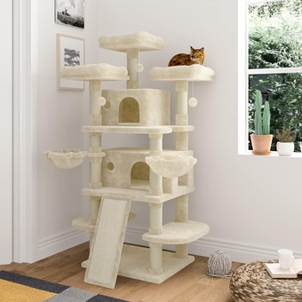 68 Inches Multi-Level Cat Tree for Large Cats/Big Cat Tower with Cat Condo/Cozy Plush Perches/Sisal Scratching Posts and Hammocks/ Activity Center Play House/Beige