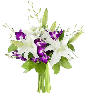 PRIME NEXT DAY DELIVERY - Spring Easter Collection - Bouquet of 3 Oriental White Lily 5 Purple Orchid With Lush Greens.Gift for Birthday, Sympathy, Anniversary, Mother’s Day Fresh Flowers