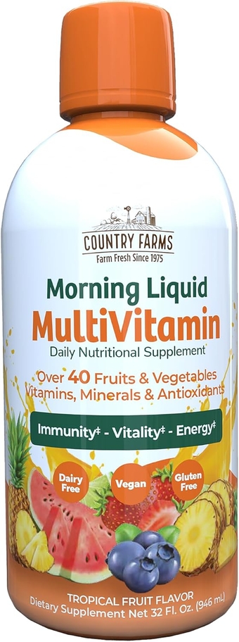 Morning Liquid Multivitamin, Vitamins and Minerals for Immune Support and Energy, Vitamin B Complex Super, Herbal Blend, Vegan, Gluten Free, Dairy Free, Tropical Fruit Flavor, 32 fl oz