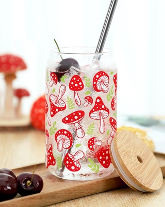 Mushroom Cups 16oz Beer Can Glass Mason Jar with Lid and Straw and Cleaning Brush Iced Coffee Cup Tumbler Glass Tea Milk Mug Mushroom Stuff Aesthetic Cup Gift for Plant Mushroom Lovers Kitchen Bar