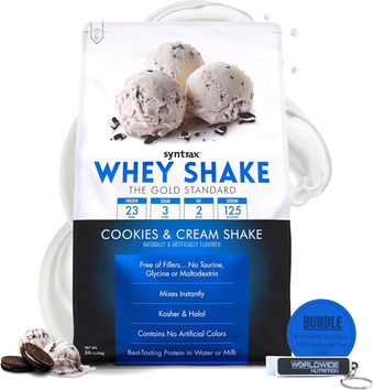 Bundle Whey Shake Cookies & Cream Shake Native Grass-Fed Wholesome Denatured Whey Protein Concentrate with Glutamine Peptides 5 Pounds with Worldwide Nutrition Keychain