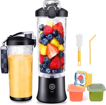 Portable Blender Personal Juicer - Kitchen 21oz USB Rechargeable 4000mAh Large Battery with 6 Blades for Smoothies Shakes Baby Food and Proteins - Home Office Gym Sports and Travel (Black)
