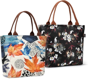 Insulated Lunch Bags for Women Lunch Box Leak Proof Cooler Tote Purse Large Food Container Meal Prep for Work Beach Picnic 9L White Flower +Maple Leaf