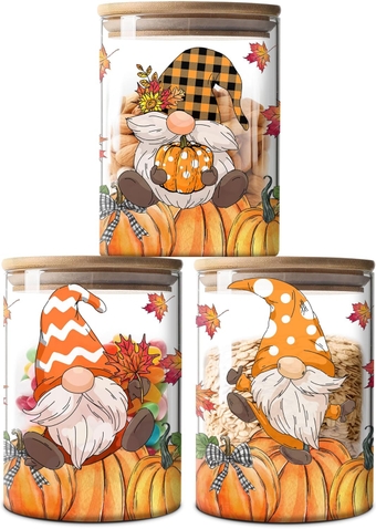 Fall Decor 3 Pack Glass Storage Jars with Airtight Bamboo Lid-Fall Pumpkin Gnomes Canisters Sets for Kitchen Countertop Autumn-Clear Fall Glass Storage Jars for Coffee Bean, Cookie, Candy, Tea, Flour