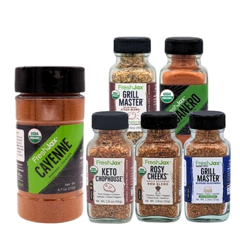 Organic Cayenne Pepper and Cookout Seasoning Gift Set Bundle | 5 Sampler Sized and 1 Large Bottle | Non GMO, Gluten Free, Keto, Paleo, No Preservatives Seasonings and Spices