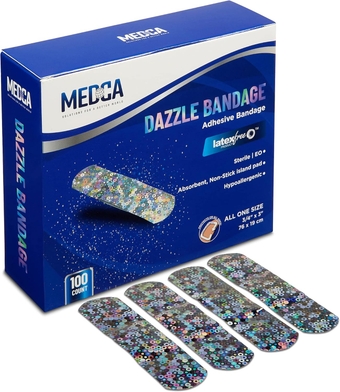 Glitter Bandages for Kids -(100 Count Box) Adhesive Bandage Strips w/Colorful Glitter Design & Latex-Free Individually Wrapped Strips for First Aid, Wound Care, Minor Cuts, Scrapes