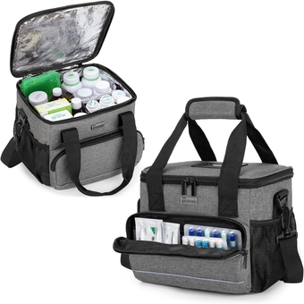 Insulated Medication Cooler Bag with Adjustable Dividers, Portable Medicine Bottle Organizer, First Aid Bag for Home, Travel, Grey