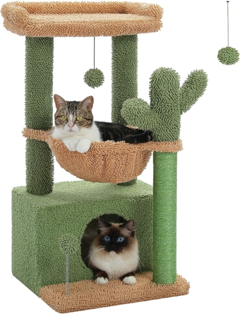 4-in-1 Cactus Cat Tree, 33'' Cat Tower for Indoor Cats with Large Cat Condo, Cat Scratching Post for Cats with Deep Hammock& Cozy Top Perch,Green