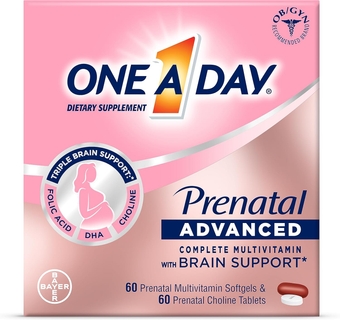 One  Day Women’s Prenatal dvanced Complete Multivitamin with Brain Support* with Choline, Folic cid, Omega-3 DH & Iron for Pre, During and Post Pregnancy, 60+60 Count (120 Count Total Set)
