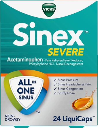 Sinex SEVERE LiquiCaps, All-In-One Sinus Relief, Non-Drowsy, Nasal Decongestant, Maximum Strength Relief of Sinus Headache, Pain, Pressure, & Congestion, 24 LiquiCaps