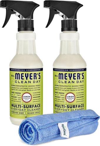 Mrs. Meyers Multi-Surface All Purpose Cleaner Set, Multi-Purpose Cleaner 2 Pack Spray and Cloth Set Bundle for Bathroom, Living Room or Bedroom, 16 oz, Lemon Verbena