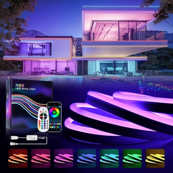 Led Neon Rope Lights, 50ft/15M RGB Neon Led Strip Lights 110-120V Flexible Cuttable Waterproof IP65 Control with App, Music Sync for Indoor Outdoor, with Power Adapter and Remote Control