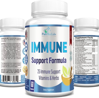 Immune Support Formula - 25 Immune Support Vitamins & Herbs, Including Graviola, Selenium, Green Tea, Slippery Elm, Vitamin C, Tumeric - 60 Capsules
