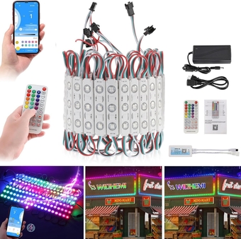 Storefront LED Lights Bluetooth APP Control 30FT 60PCS LED Module Lights for Business Window Lights with RGB-IC SMD 5050 Full Chasing Dynamic Color LED Light Strips for Store Signs Decor