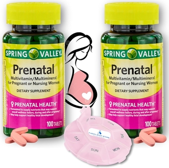 Spring Valley Prenatal Vitamins-Multivitamin Multimineral with Folic Acid 800 mcg 100Ct (2 Pack) for Pregnant and Nursing Women Supplement, Plus Set of Fusion Shop Store Weekly case (1)