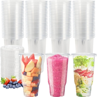 50 Pack Clear Plastic Cup with Flat Lid for Iced Coffee, 32oz PE Plastic Drinking Cup, Large Disposable Parfait Fruit Cups, Perfect for Cold Drink, Smoothie, Milkshake, Dessert