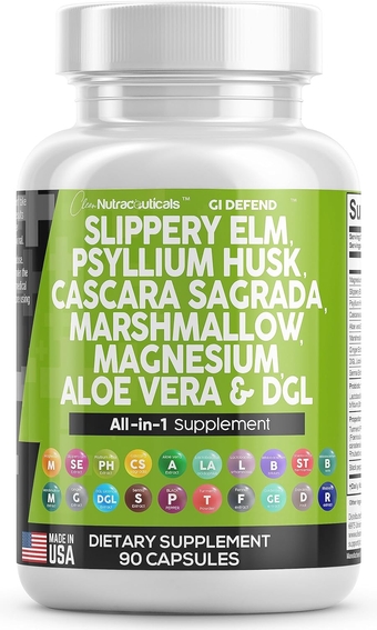 Slippery Elm 5000mg Psyllium Husk 2000mg Pre Probiotic Digestive Gut Health Supplement with Aloe Vera Cascara Sagrada 2000mg Marshmallow Root DGL Licorice Senna Extract