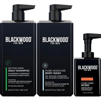BLACKWOOD FOR MEN Workout Warrior Recovery Set including Active  Shampoo, Pure Moisture Body Wash, X-Punge Foaming Face Wash