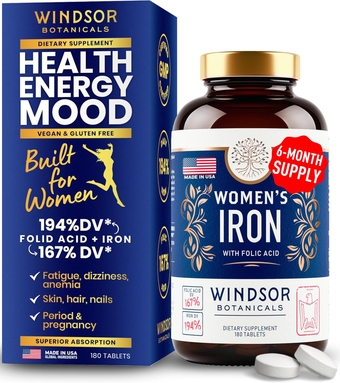 Iron Pills for Women - Iron Supplement for Women with Folic Acid - 6 Month Supply - Anemia, Period, Pregnancy Support Iron Supplements - Ferrous Sulfate, Folate Vitamin B9-180 Vegan Iron Tablets