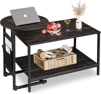 Coffee Table, 2 in 1 Design Nesting Coffee Table with Side Pouch for Living Room, Small Round and Rectangular Living Room Table Set, Metal Frame and Wood Desktop,Easy Assembly,Charcoal Black