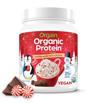 Organic Vegan Protein Powder, Peppermint Hot Cocoa Seasonal Holiday Flavor - 21g of Plant Based Protein, Non Dairy, Gluten Free, 2g of Fiber, No Sugar Added, Soy Free, Non-GMO, 1.02 Lb