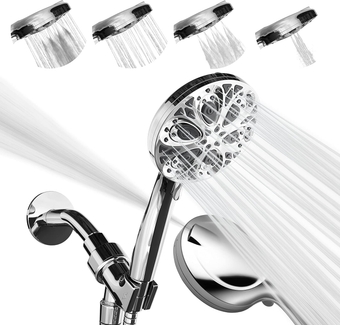 10-Mode Shower Head with Hose - Luxury 5" High Pressure Shower Heads - Handheld Shower Head with High Pressure Built-In Power Jet, Stainless Steel 6ft Hose and Bracket (Polished Chrome)