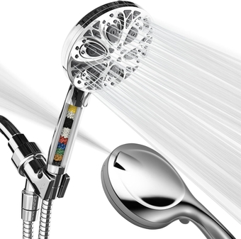 10-Mode Filtered Shower Head with Hose - 5" High Pressure Shower Heads with Filter - Handheld Shower Head Filter with Built-In Power Jet, Stainless 6ft Hose and Bracket (Polished Chrome)